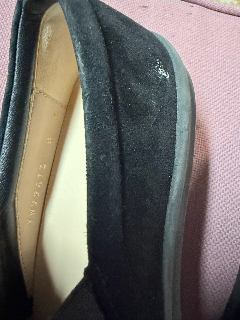 Stuart Weitzman Black Suede Slip-On Loafers with Blue Trim and Light Blue Bow - Picture 3 of 5